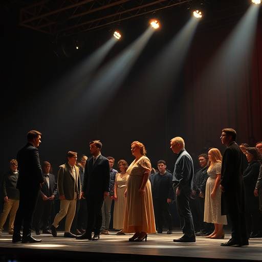 Actors performing a scene on a brightly lit stage during a play