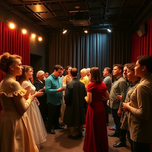 Backstage view of a theater production, with costumes, props, and stagehands